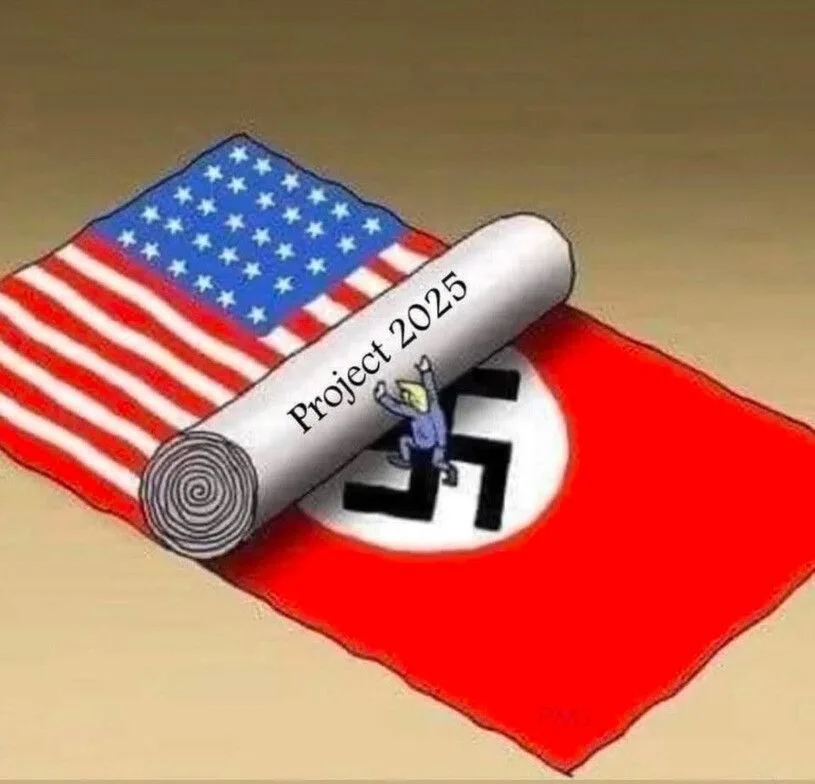 A cartoon image shows a rolled-up document labeled 'Project 2025' unrolling over an American flag, revealing a Nazi swastika…
