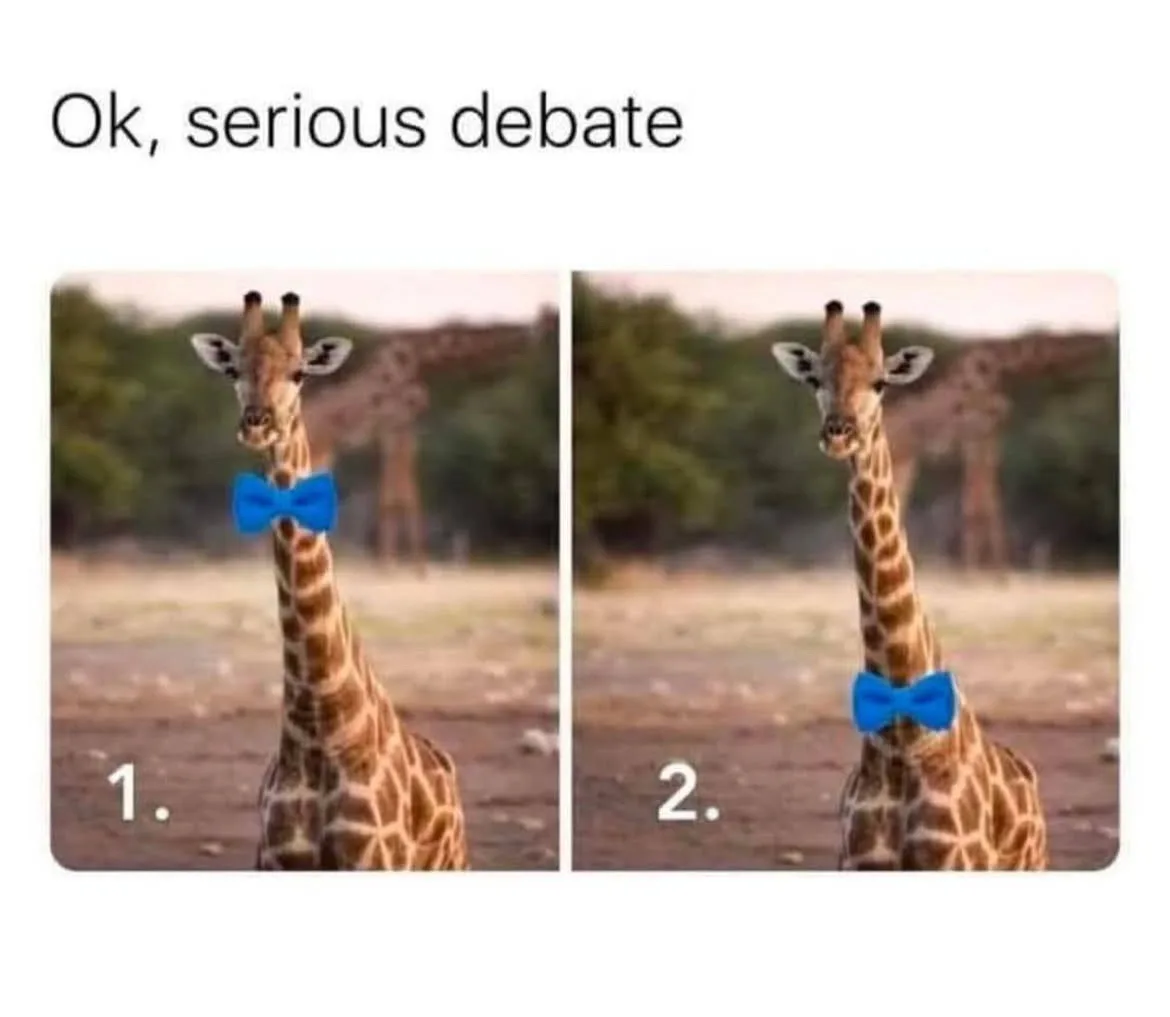 Two side-by-side photos of a giraffe wearing a blue bowtie, labeled '1.' and '2.' respectively. The giraffe in both images…