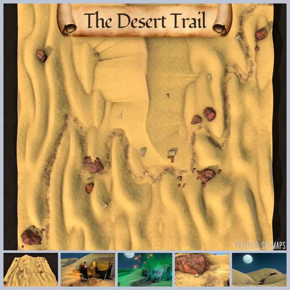 An overhead view of a desert map titled 'The Desert Trail' on a scroll, showing winding paths through sand dunes with…