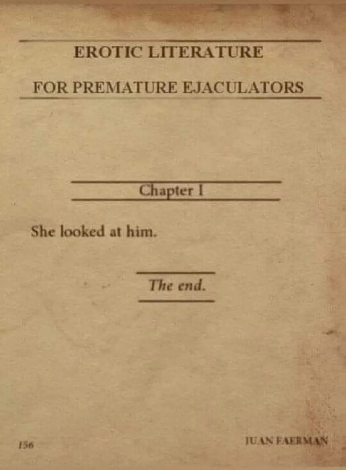 The image shows a mock book cover with aged, beige paper texture. The title reads 'EROTIC LITERATURE FOR PREMATURE…