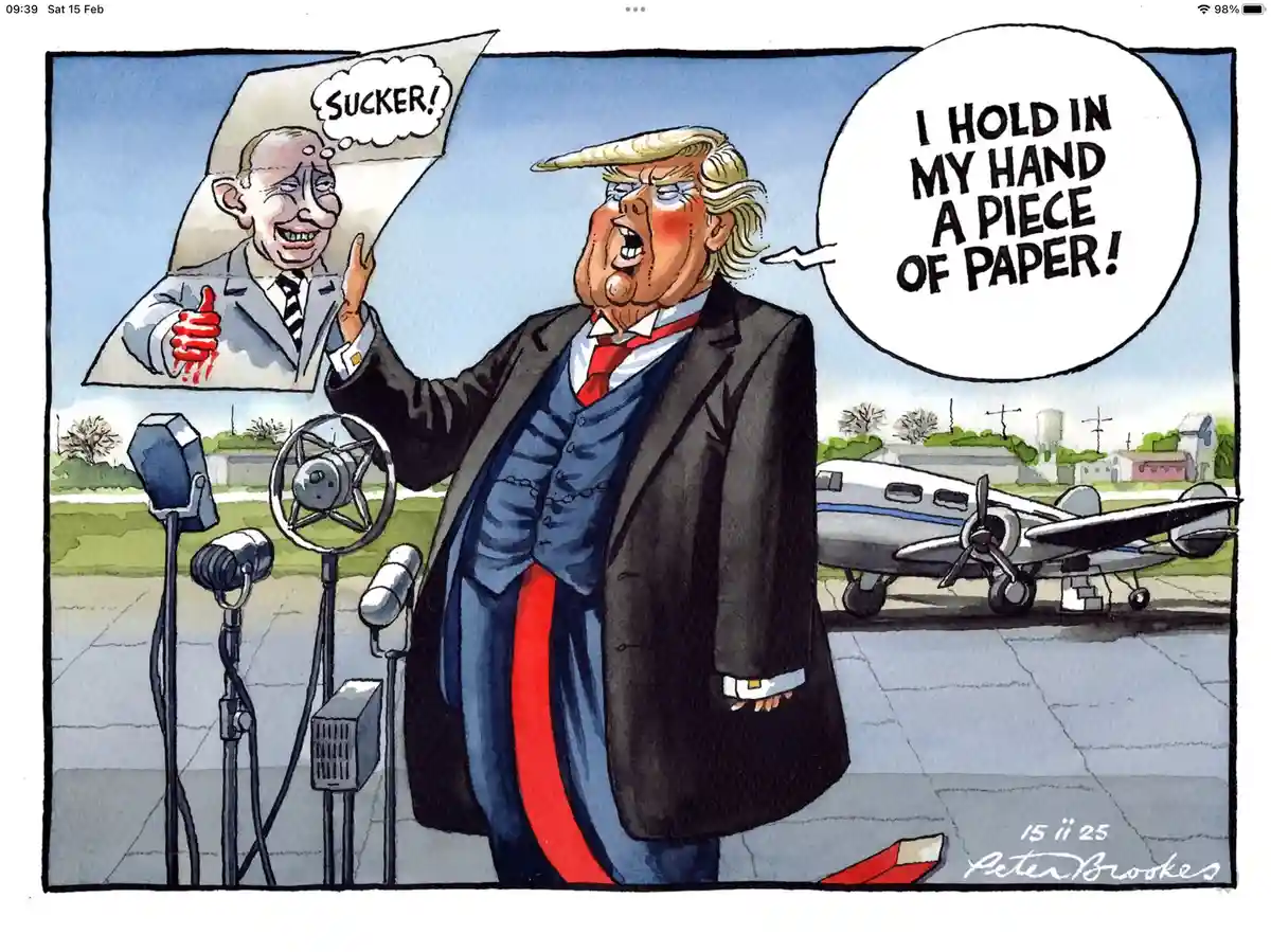 A cartoon depicts a caricature of Donald Trump standing at microphones on an airport tarmac, shouting 'I HOLD IN MY HAND A…