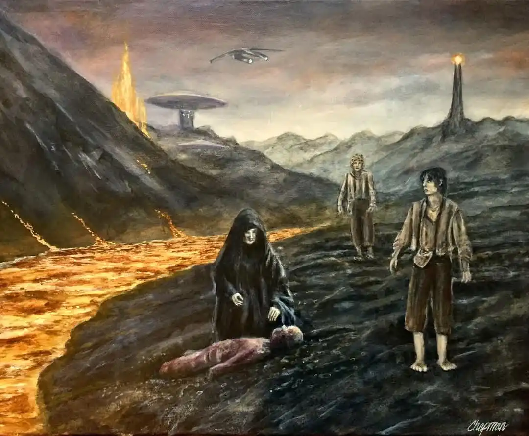 A painting depicts three hobbits standing in a desolate, alien landscape with lava flows, mountains, and a UFO hovering in…