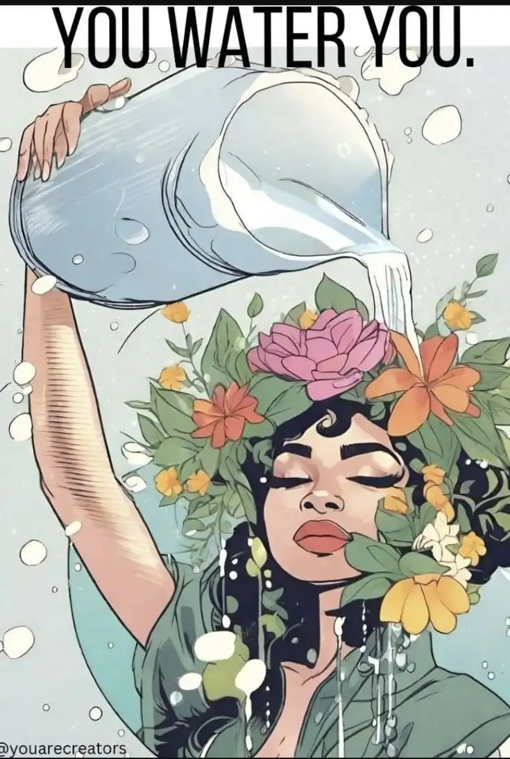A stylized illustration shows a person with dark curly hair adorned with a colorful floral crown, pouring water from a clear…