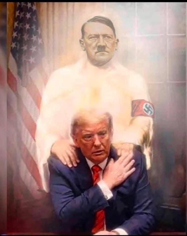 a digitally altered painting shows a ghostly, translucent adolf hitler with a swastika armband standing behind donald trump…