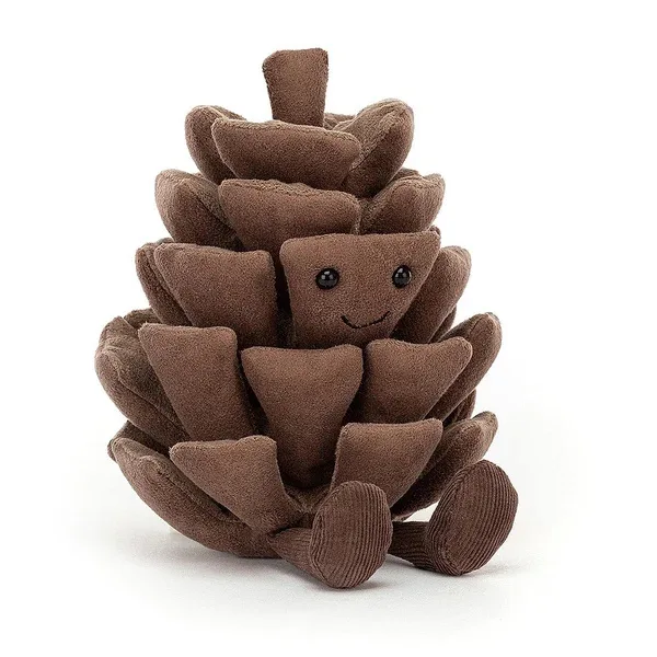 A brown, plush, stuffed pinecone toy with a smiling face, black eyes, and tiny feet, sitting upright against a plain white…