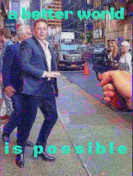 A heavily pixelated image shows Elon Musk walking on a city sidewalk, with a large, cartoonish fist appearing from the right…