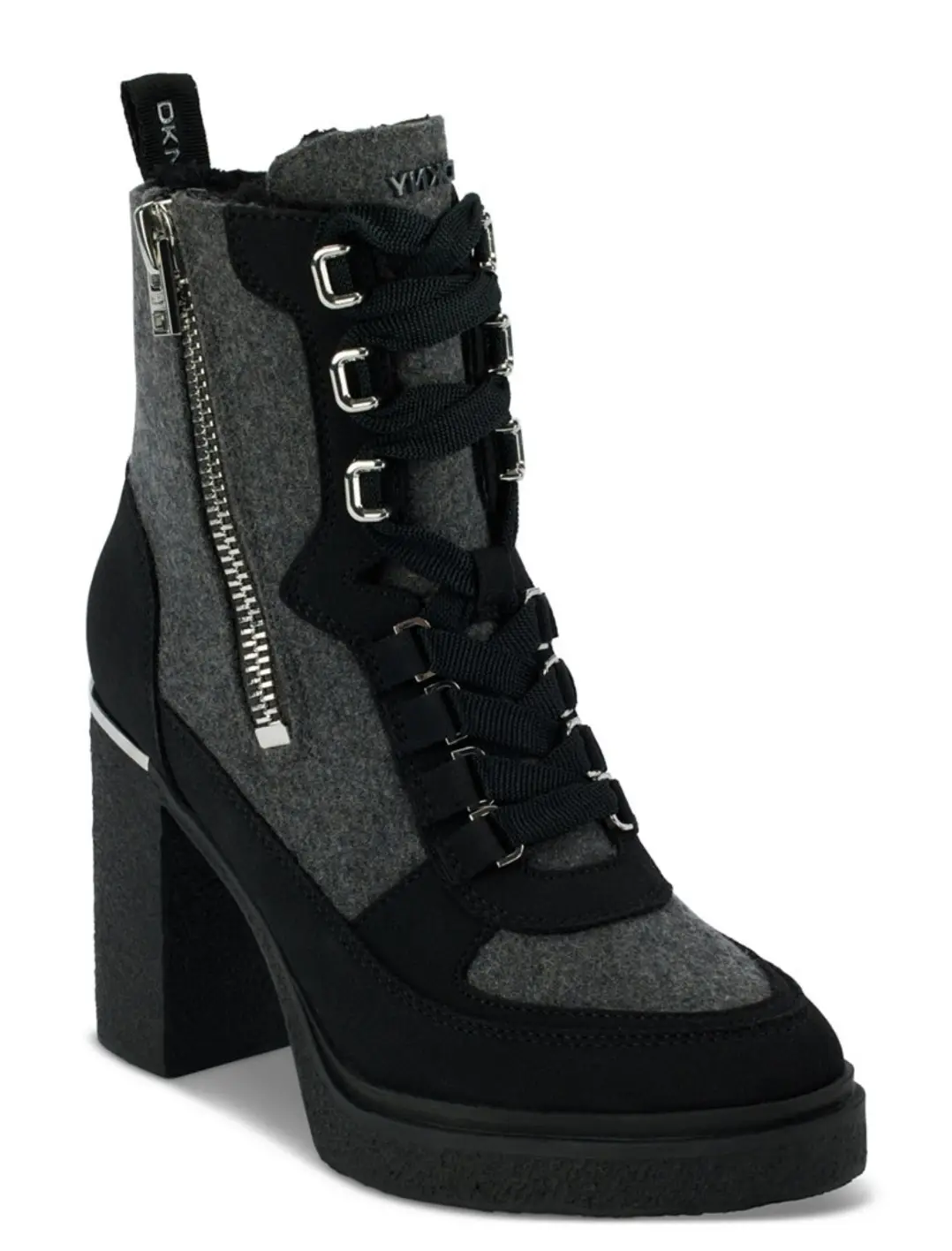 A studio product photo of a DKV brand ankle boot featuring a thick block heel, platform sole, grey felt panels, black suede…