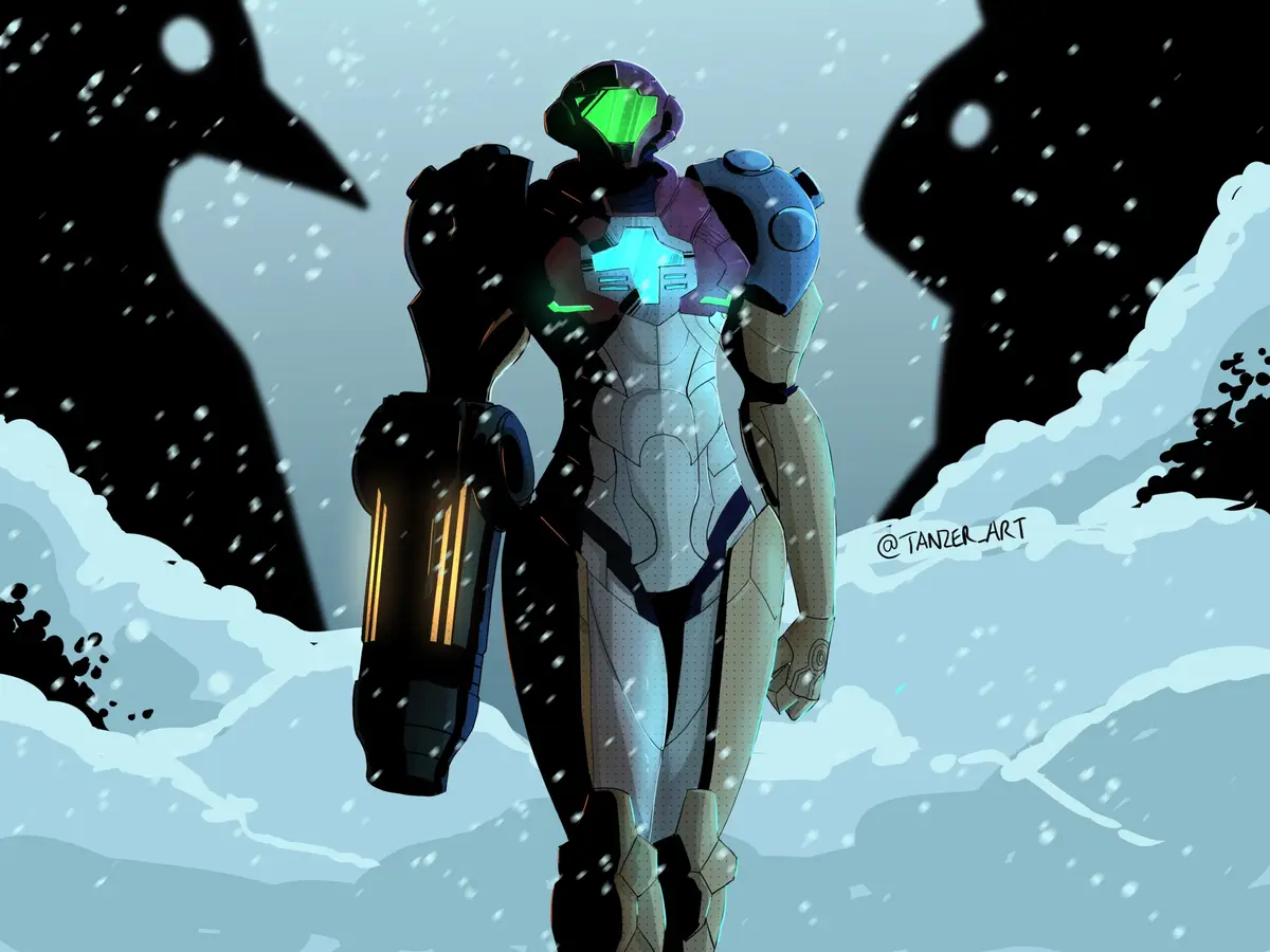 An illustration of Samus Aran in her iconic Power Suit standing in a snowy landscape with falling snowflakes. Behind her are…