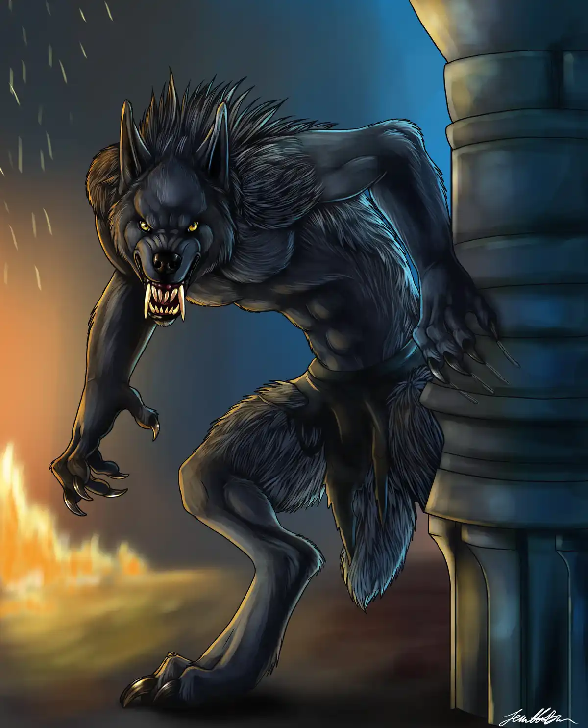 A menacing, muscular black werewolf with glowing yellow eyes and sharp claws is crouched aggressively beside a stone pillar…
