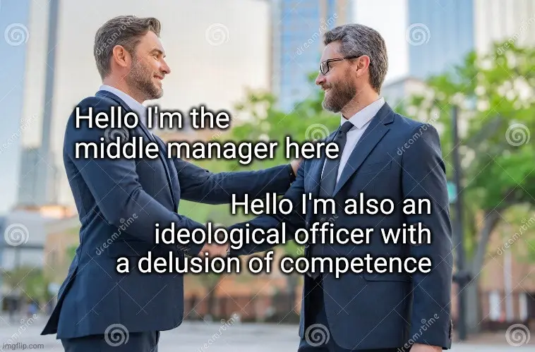 Two men in business suits shake hands outdoors with city buildings in the background. White text overlaid on the image…
