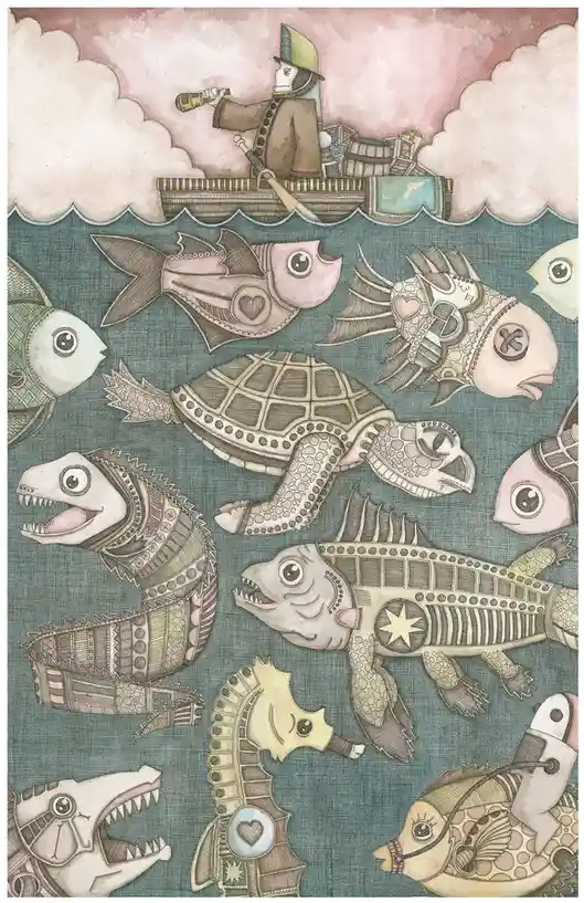 An illustrated scene shows a person in a boat floating above a sea of stylized, ornate fish and a turtle. The person wears a…