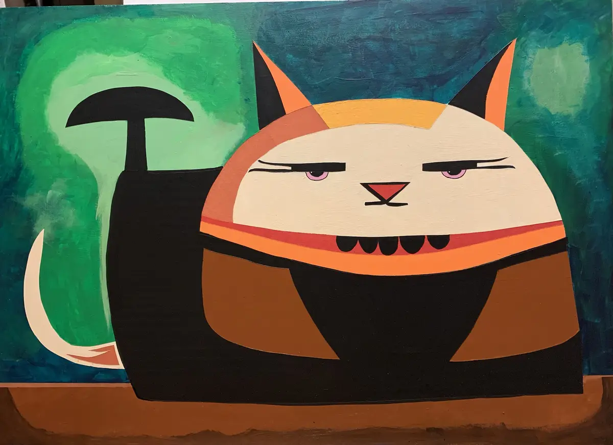 A stylized painting of a cartoon cat with an angry expression, featuring narrowed eyes, a red triangular nose, and a row of…