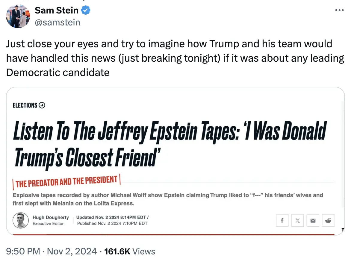 A screenshot of a tweet by Sam Stein showing a fake news article headline that reads 'Listen To The Jeffrey Epstein Tapes…