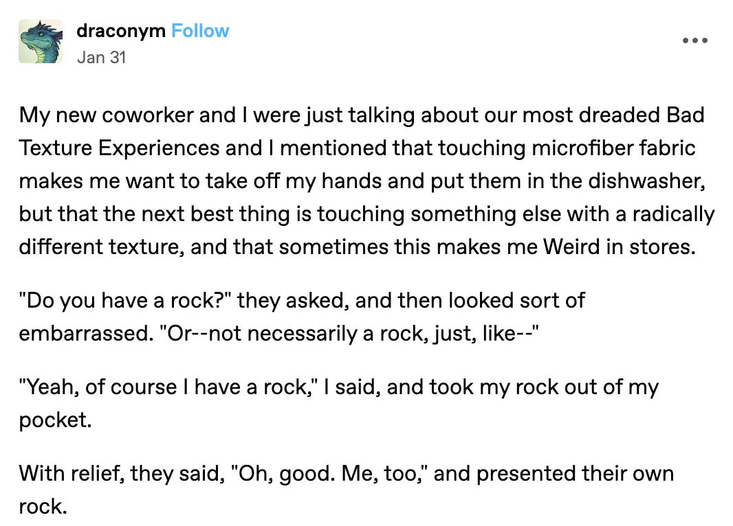 A screenshot of a social media post by user 'draconym' dated Jan 31, featuring a text-only narrative about a coworker's…