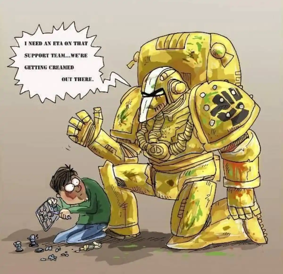 A cartoon depicts a large, heavily armored yellow warrior kneeling beside a small, panicked man in a green shirt who is…