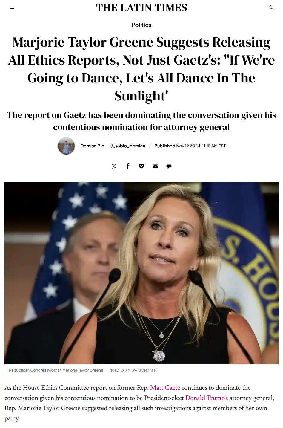 A screenshot of a news article from 'The Latin Times' shows a photo of Republican Congresswoman Marjorie Taylor Greene…