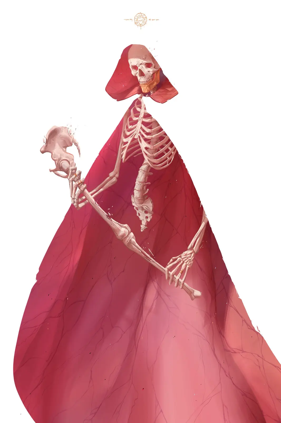 A skeletal figure wearing a flowing red hooded cloak holds a small skull in one hand and a bone staff in the other. The…
