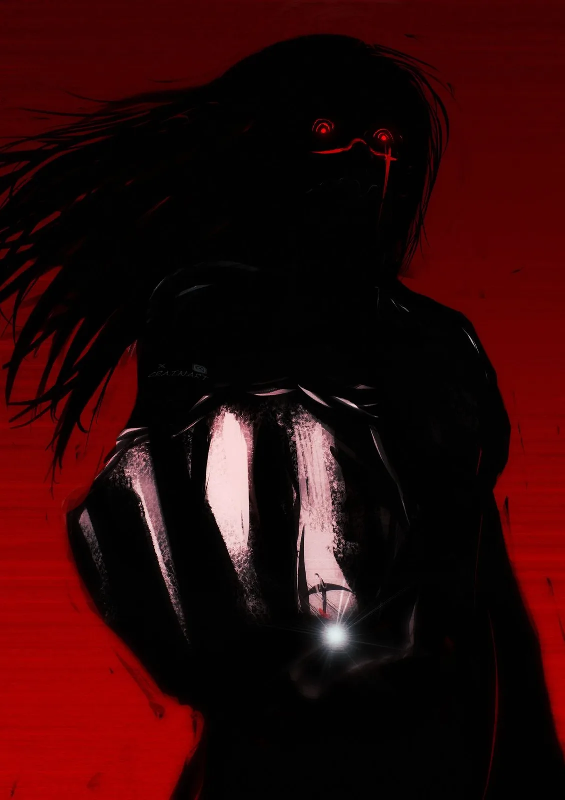 A dark, shadowy anime-style figure with glowing red eyes and long black hair stands against a blood-red background. The…