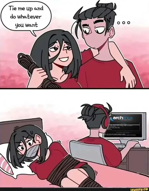 Two-panel comic: top panel shows a woman holding a rope and saying 'Tie me up and do whatever you want' while a man looks…