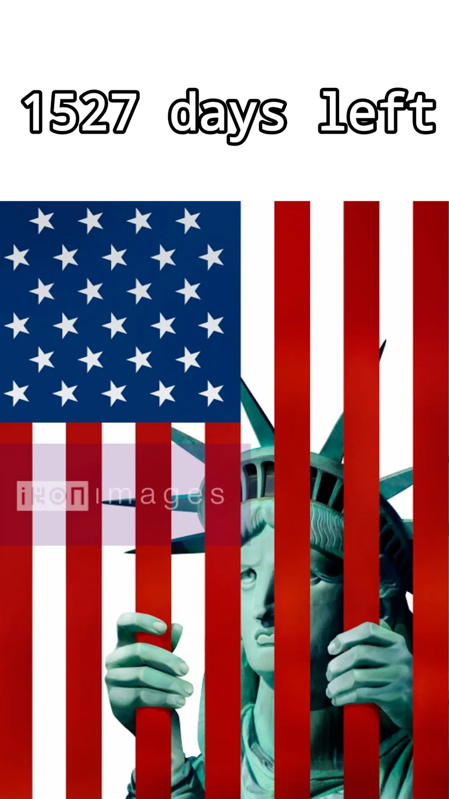 The image shows the Statue of Liberty partially obscured by vertical red stripes from the American flag, with the text '1527…