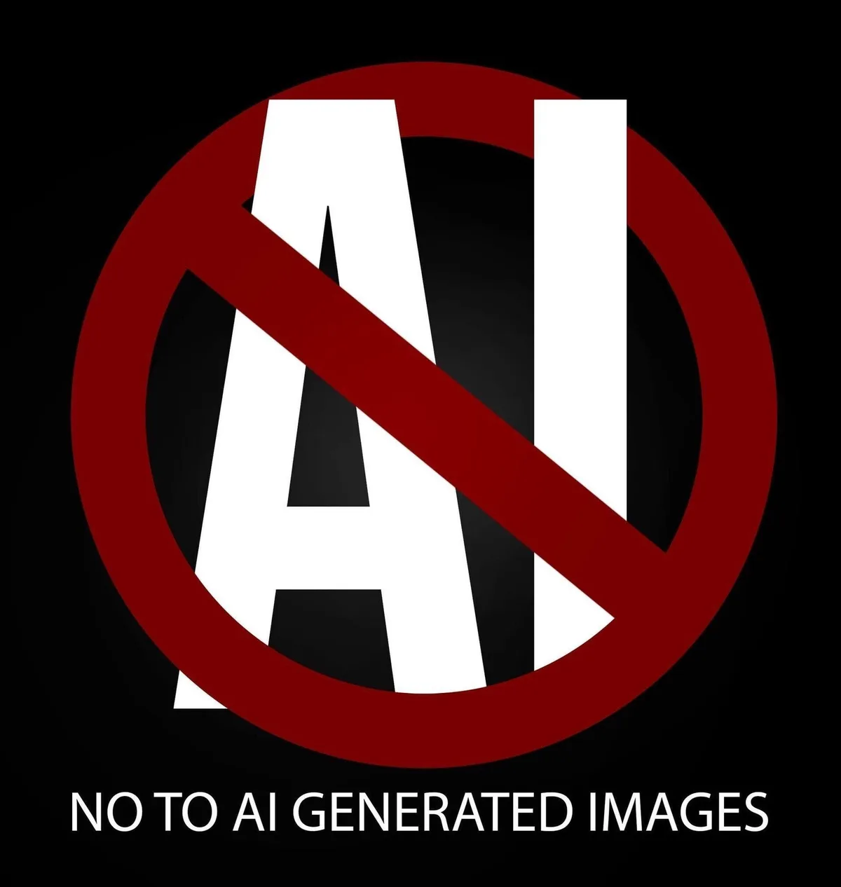 A black background features a large white 'AI' text overlaid with a red prohibition symbol (circle with diagonal line)…