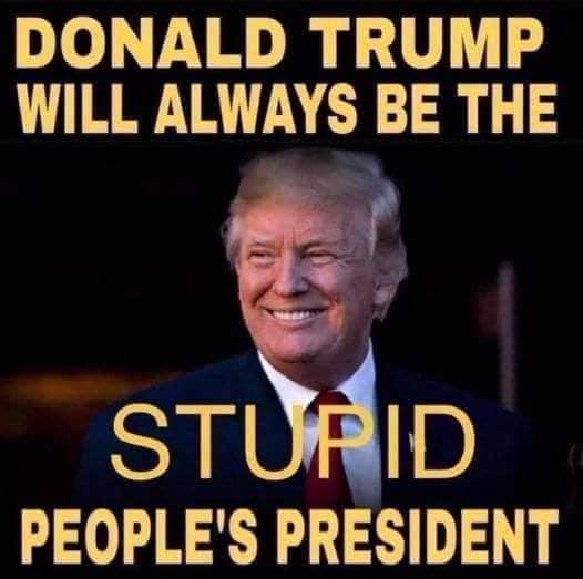 A photo of Donald Trump smiling, wearing a dark suit and red tie, with bold yellow text overlaid. The text reads 'DONALD…