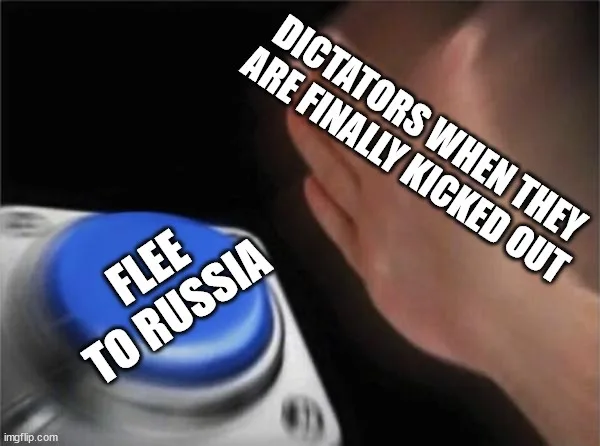 A close-up image shows a hand hovering over a large blue button with the text 'FLEE TO RUSSIA' overlaid on it. Diagonally…