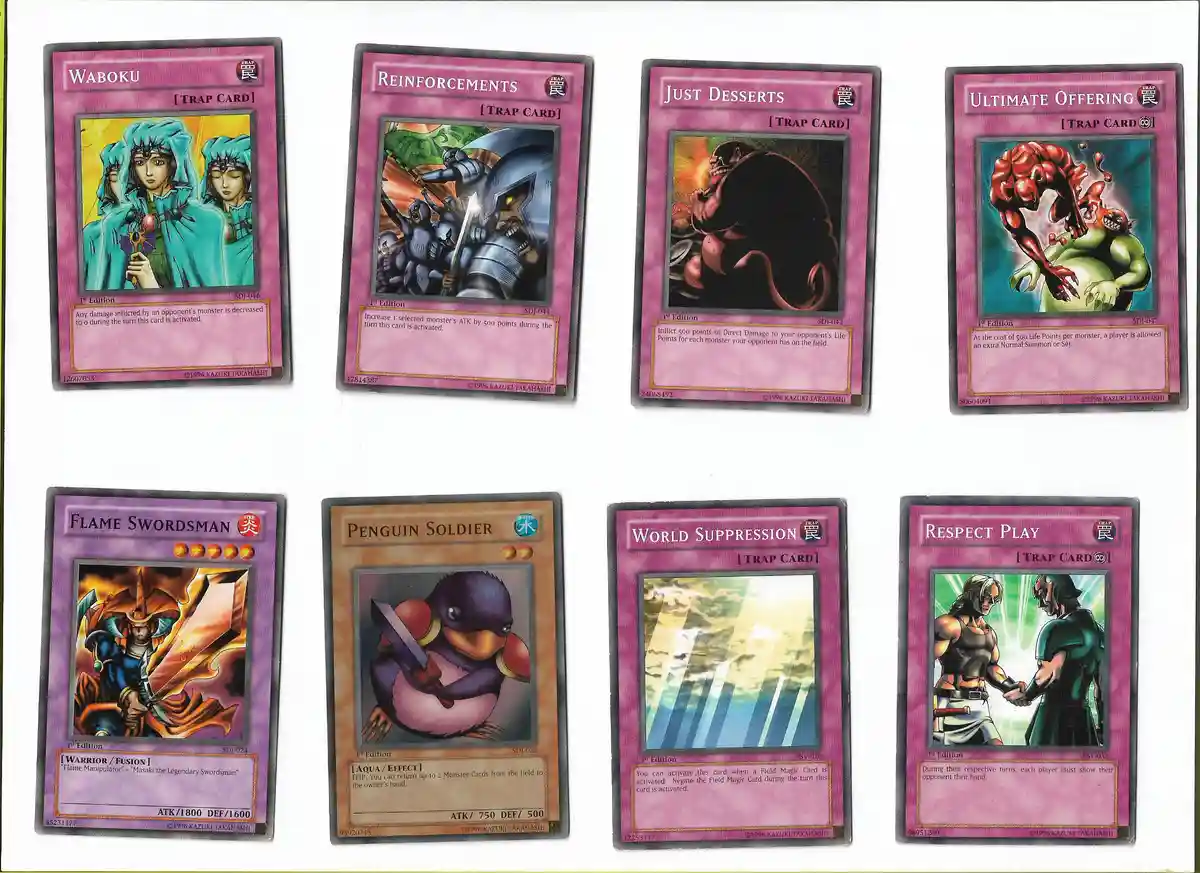 Eight Yu-Gi-Oh! trading cards are displayed in two rows, featuring trap cards like 'Waboku', 'Reinforcements', 'Just…