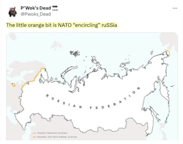A map of the Russian Federation with a thin yellow line tracing its border, labeled as 'Boundary with NATO member…