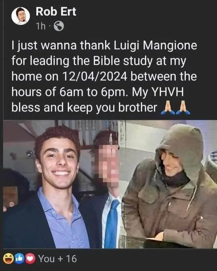A screenshot of a social media post by Rob Ert thanking 'Luigi Mangione' for leading a Bible study, which is juxtaposed with…
