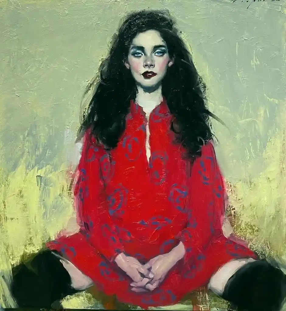 An oil painting of a young woman with dark hair and blue eyes, wearing a red patterned dress, sitting with her hands…