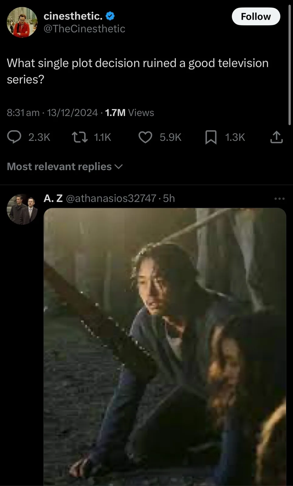 A screenshot of a Twitter thread where a user asks what single plot decision ruined a good TV series. A reply includes a…