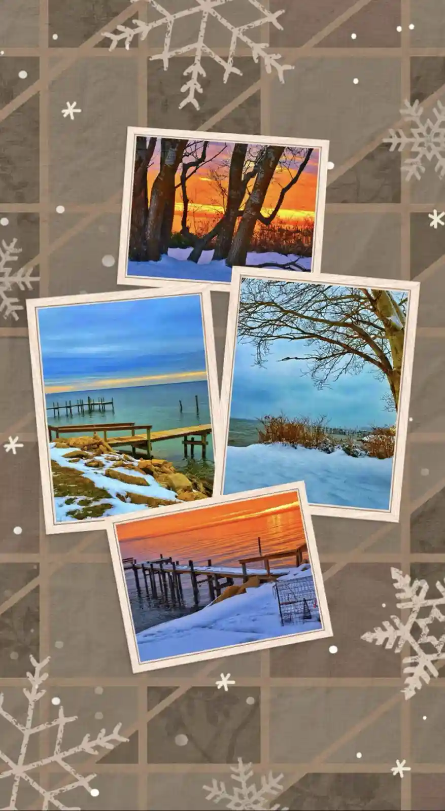 Four framed photos of snowy winter scenes with sunsets and docks are arranged on a brown plaid background decorated with…