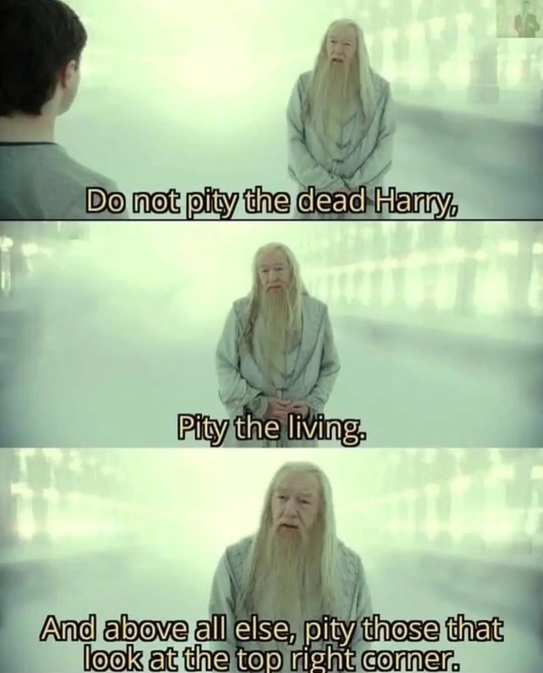 A three-panel meme featuring Albus Dumbledore from Harry Potter, speaking the lines 'Do not pity the dead Harry,' 'Pity the…