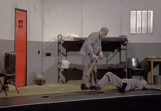 A six-panel comic strip from the 1970s TV show 'M*A*S*H' shows a soldier being repeatedly struck with a baton by a guard…