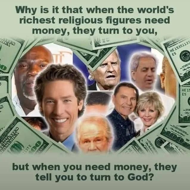 The image features a collage of several well-known religious figures' faces, including Joel Osteen, televangelists, and…