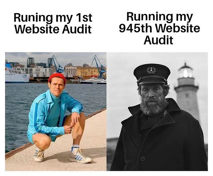 The image is split into two panels. Left: A man in a bright blue tracksuit and red beanie crouches by water with a city and…
