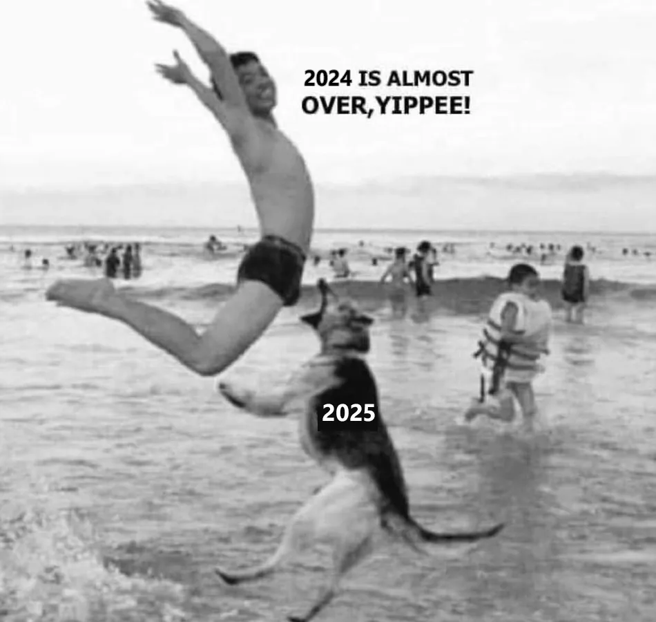 A black-and-white photo shows a shirtless man joyfully jumping into the ocean while a dog leaps beside him. Text overlaid on…