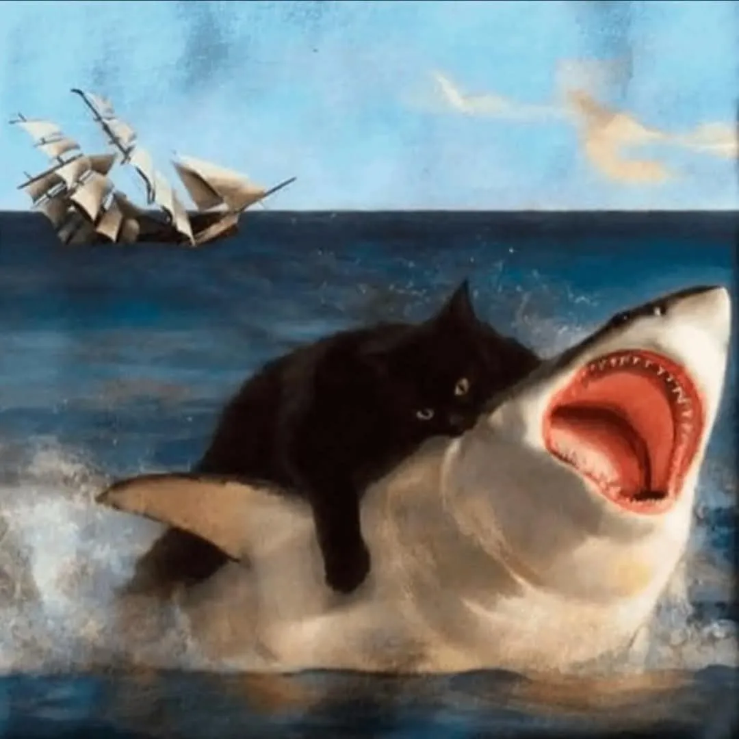 A black cat is calmly sitting on the back of a large shark that is leaping out of the ocean with its mouth wide open, while…