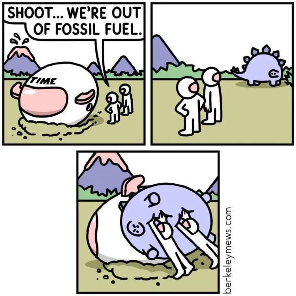 A three-panel comic strip shows astronauts encountering a large, egg-shaped creature labeled 'TIME' in a prehistoric…
