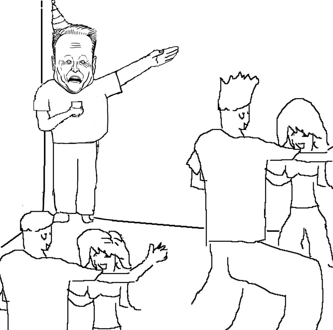 A black-and-white line drawing shows a man wearing a party hat, standing on a table and holding a drink while gesturing…