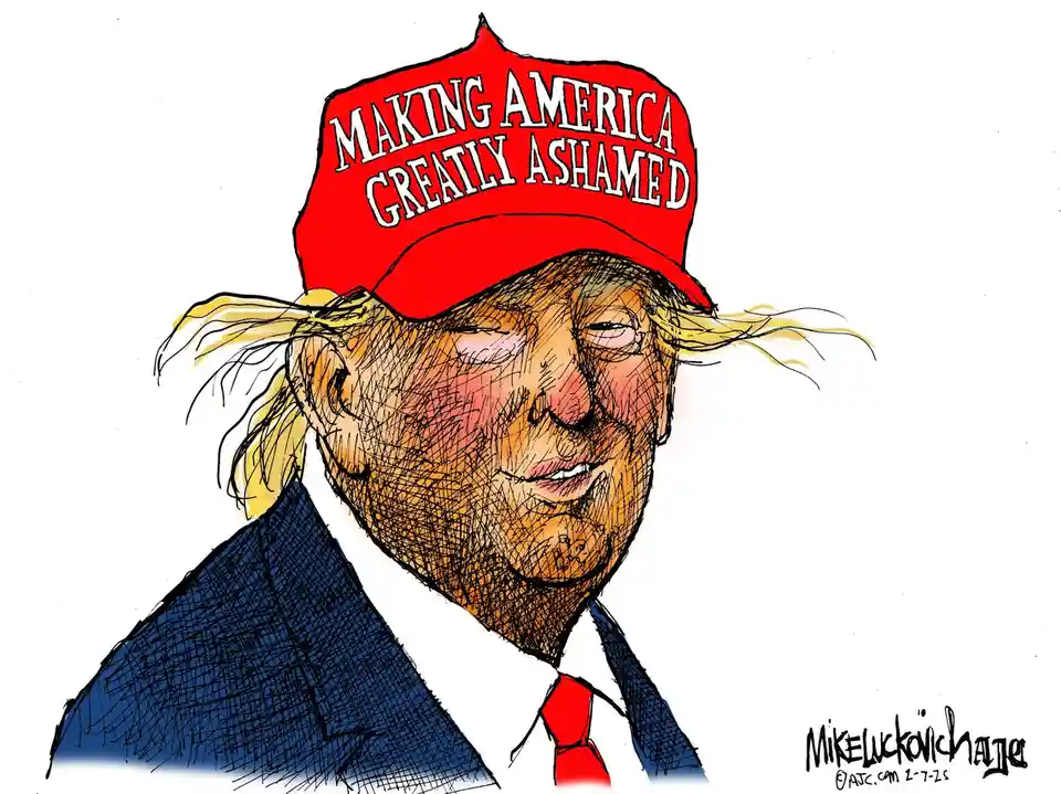 A cartoon depicts a man with blonde hair in a ponytail, wearing a blue suit, white shirt, and red tie, with a red cap that…
