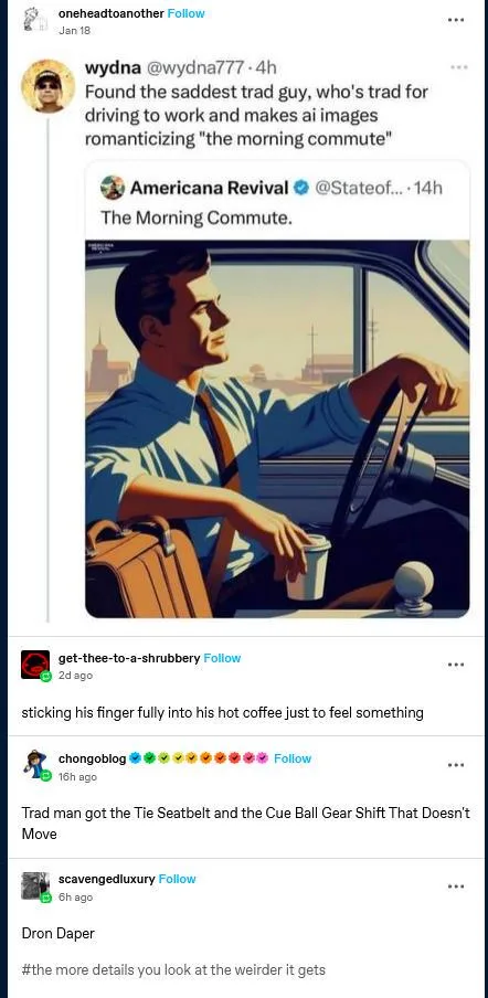 An AI-generated image shows a man in a vintage car, wearing a shirt and tie, holding a coffee cup while driving. The…