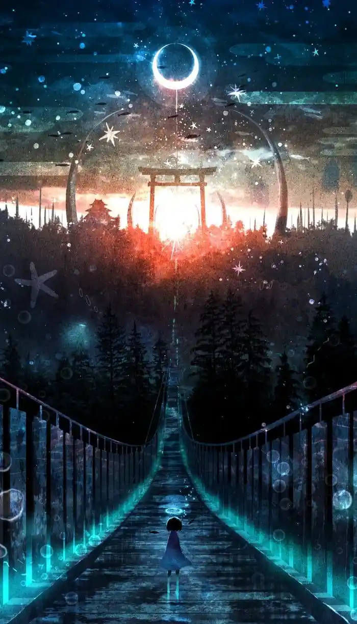 A small child in a white dress stands alone on a glowing, suspended bridge at night, facing a distant, radiant torii gate…