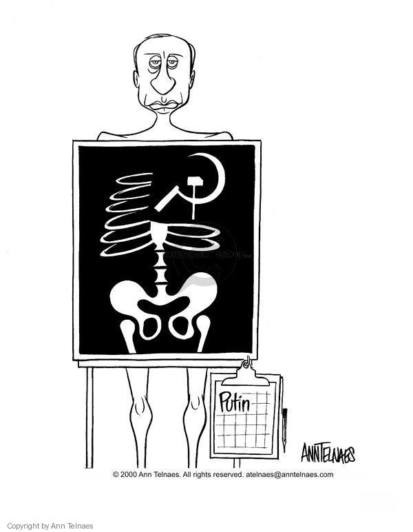 A black-and-white cartoon depicts a skeletal figure with a human face, holding an X-ray image showing a hammer and sickle…