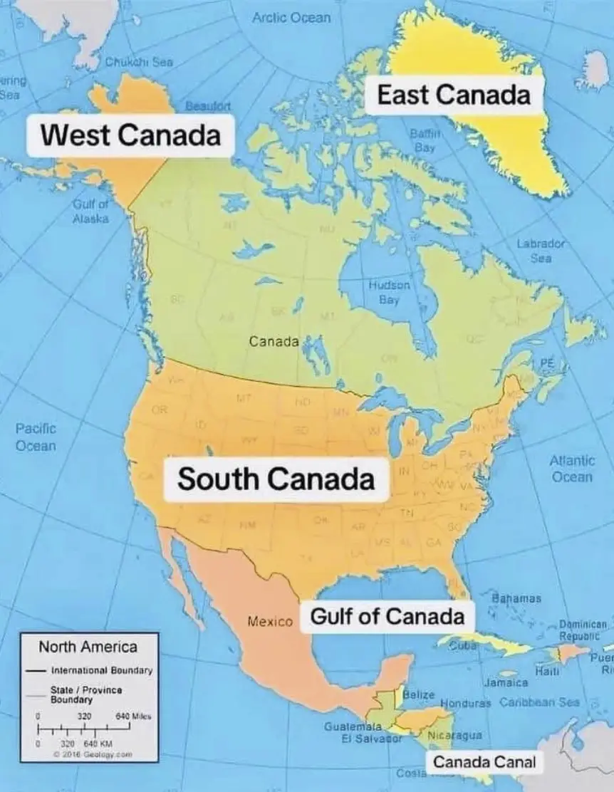 A map of North America humorously reimagines Canada as divided into four regions: 'West Canada' covering the western…