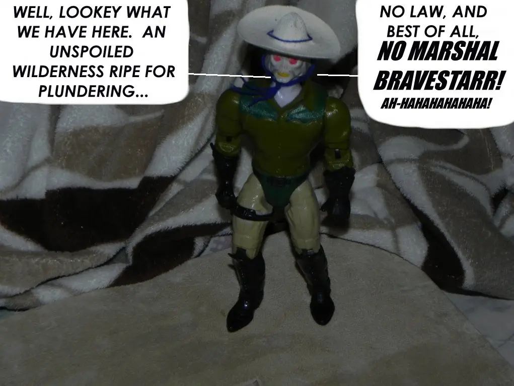 A toy figure resembling a cowboy with a skull face, white hat, green vest, and beige pants stands on a patterned blanket…