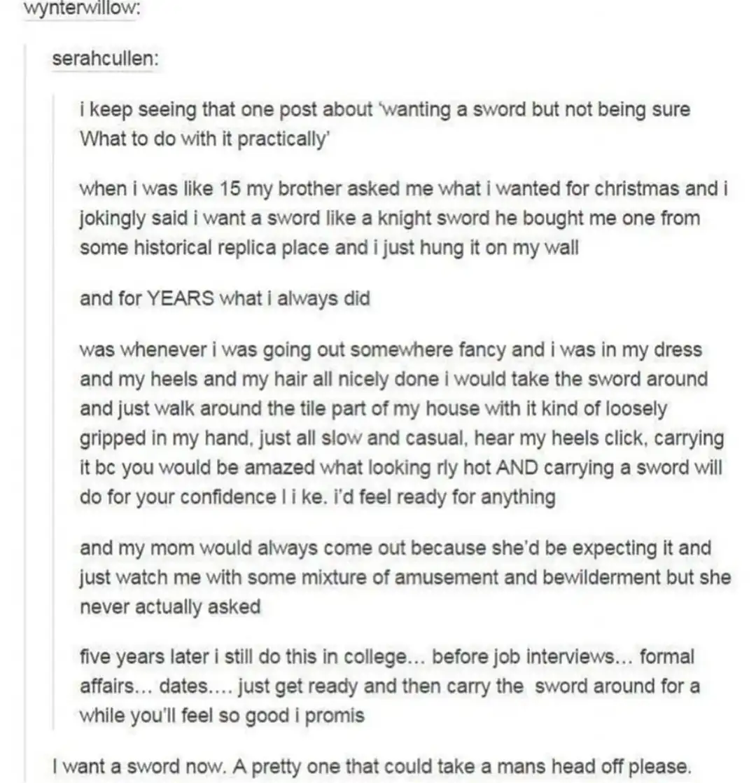 The image displays a screenshot of a text conversation where one user recounts how they’ve been carrying a decorative sword…