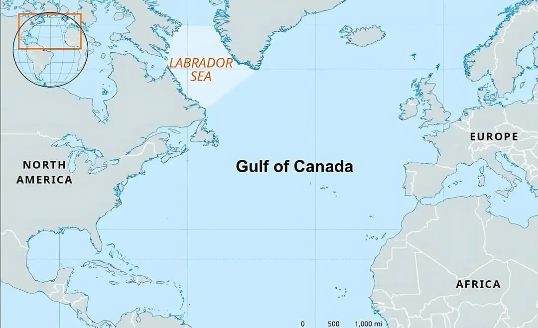 A map showing North America, Europe, and Africa with a highlighted area labeled 'Gulf of Canada' in the North Atlantic, near…