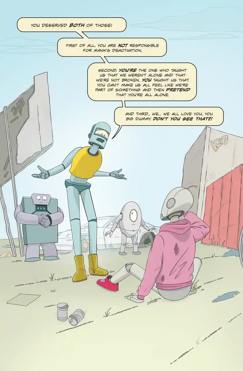 A comic panel shows a tall robot with a yellow vest standing and speaking to a smaller robot in a pink hoodie who is sitting…